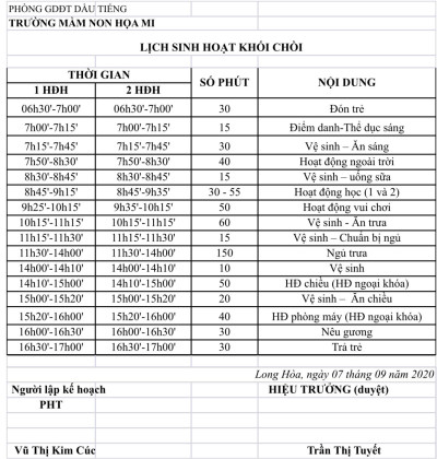 Lịch sinh hoạt Khối Lá. Năm học 2020-2021