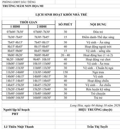 Lịch sinh hoạt Khối Nhà Trẻ. Năm học 2020-2021