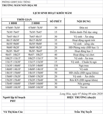 Lịch sinh hoạt Khối Mầm. Năm học 2020-2021